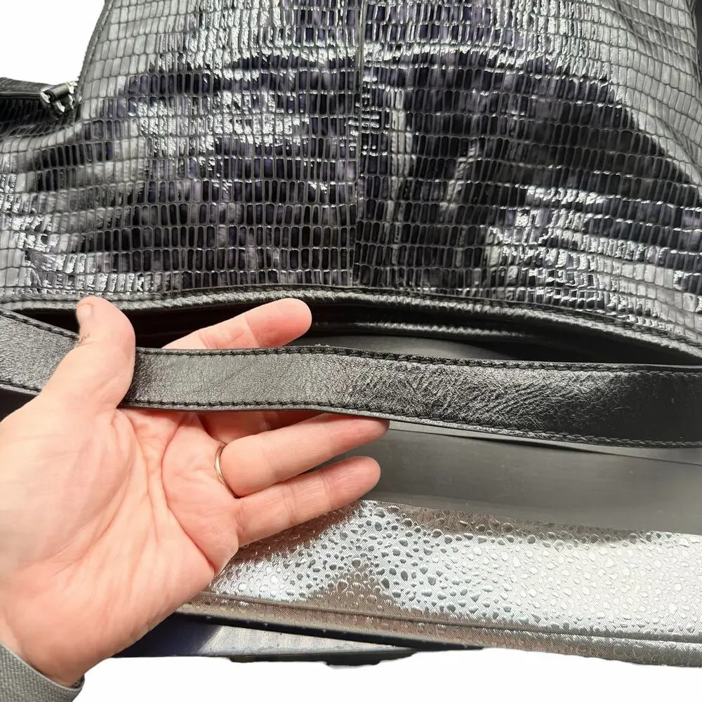 Wanlima Black & Purple Croc Embossed Leather Hobo Shoulder Bag Large